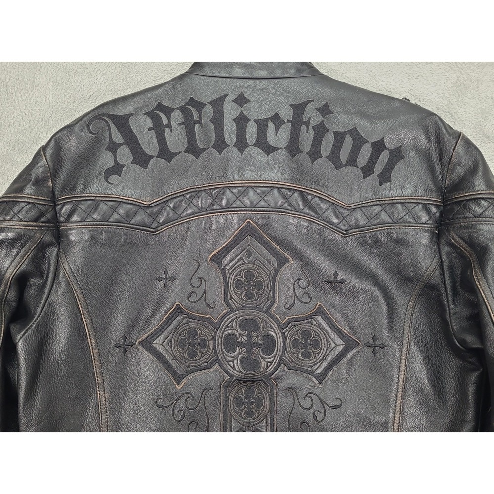 Affliction‎ Limited Edition Buckle Mens Leather Jacket Embroidered Black Sz XXL
